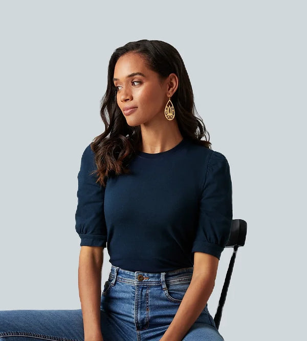 Model wearing a navy Megan T-shirt