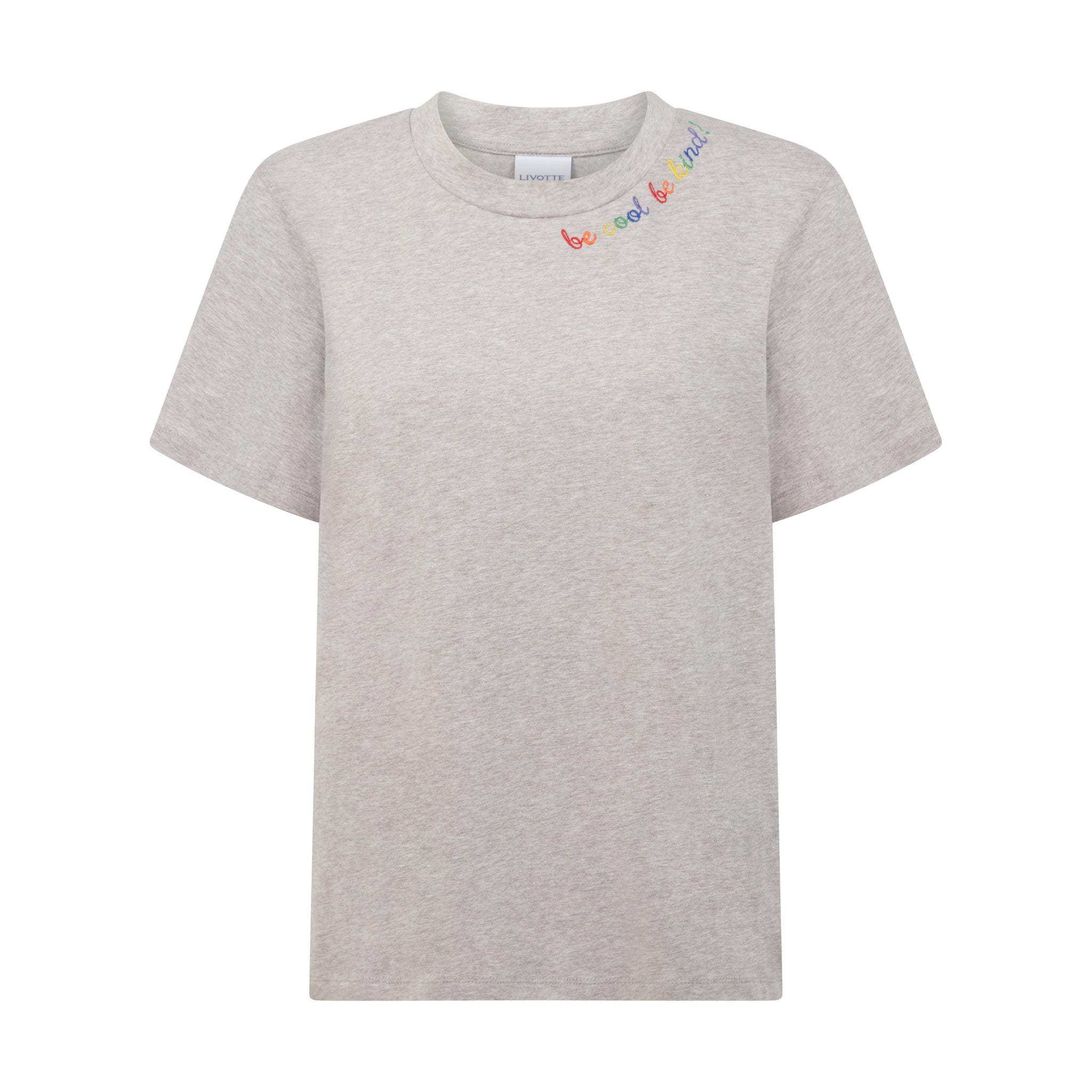 grey ladies t-shirt embroidered with "be cool be kind" text