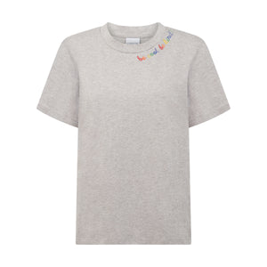 grey ladies t-shirt embroidered with "be cool be kind" text