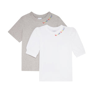 white and grey ladies t-shirt embroidered with "be cool be kind" text