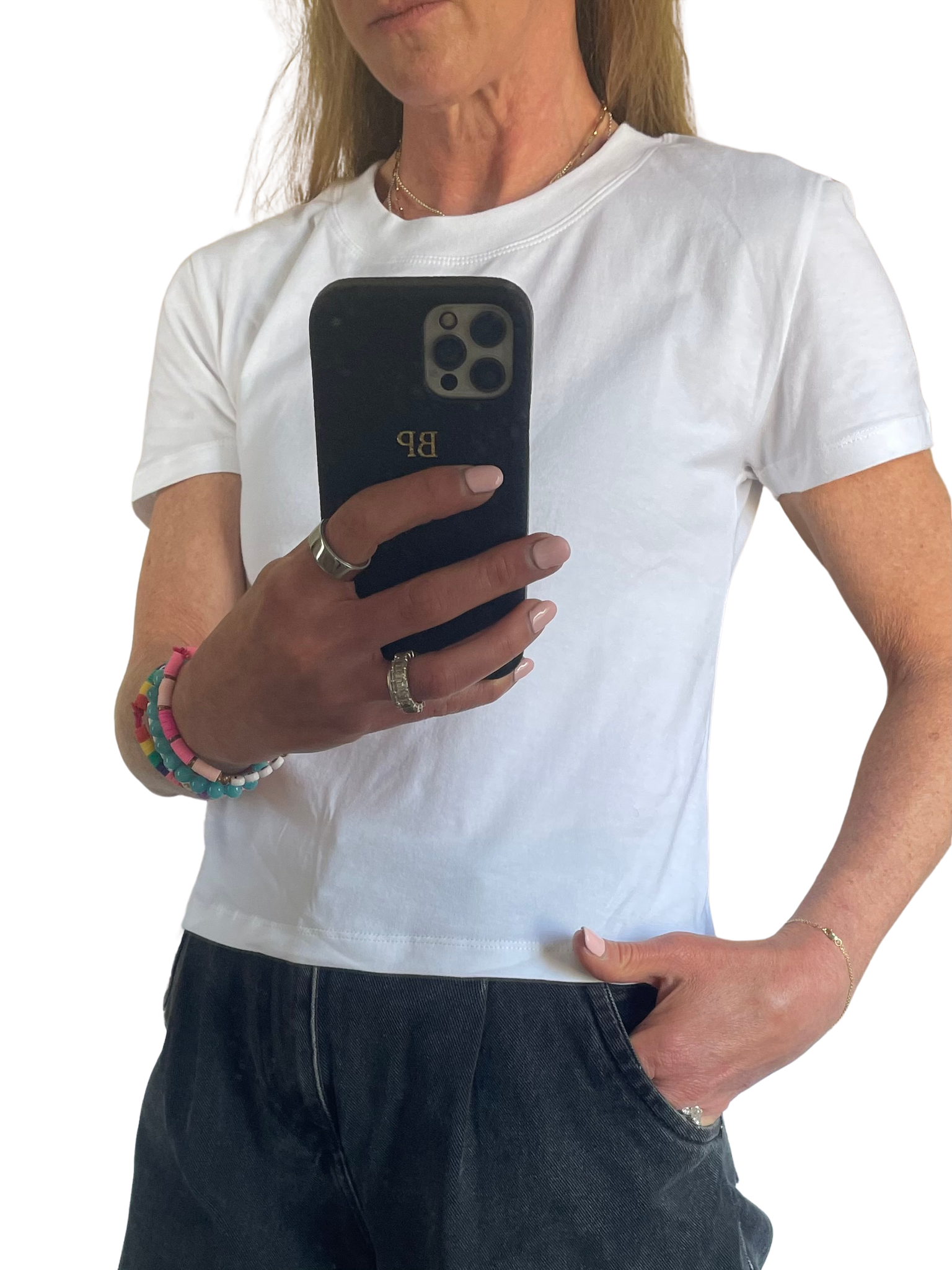 woman wearing a white cotton t-shirt and a black pair of jeans