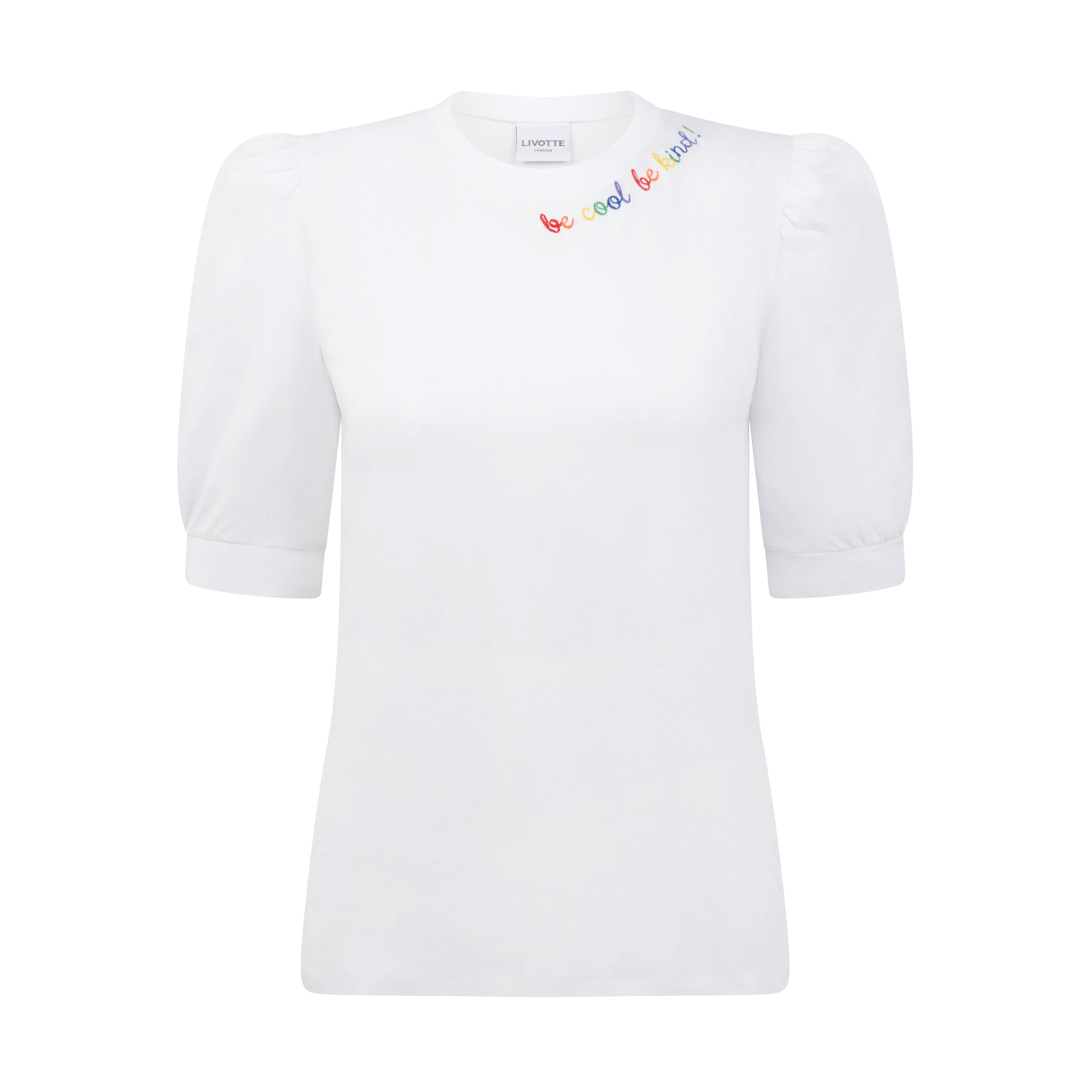 MEGAN CREW NECK SHORT PUFF SLEEVE SLIM FIT T SHIRT EMBROIDERED BCBK
